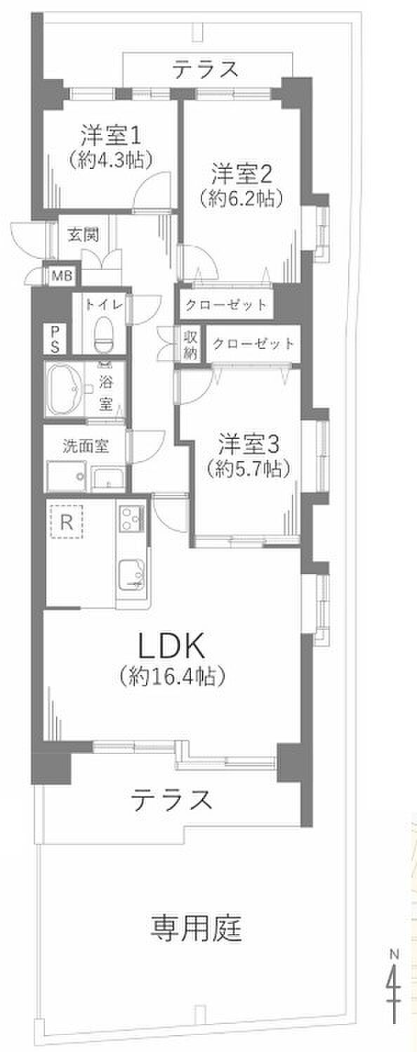 3LDK、専有面積74.24平米、テラス面積10.44平米。専用庭30.30平米