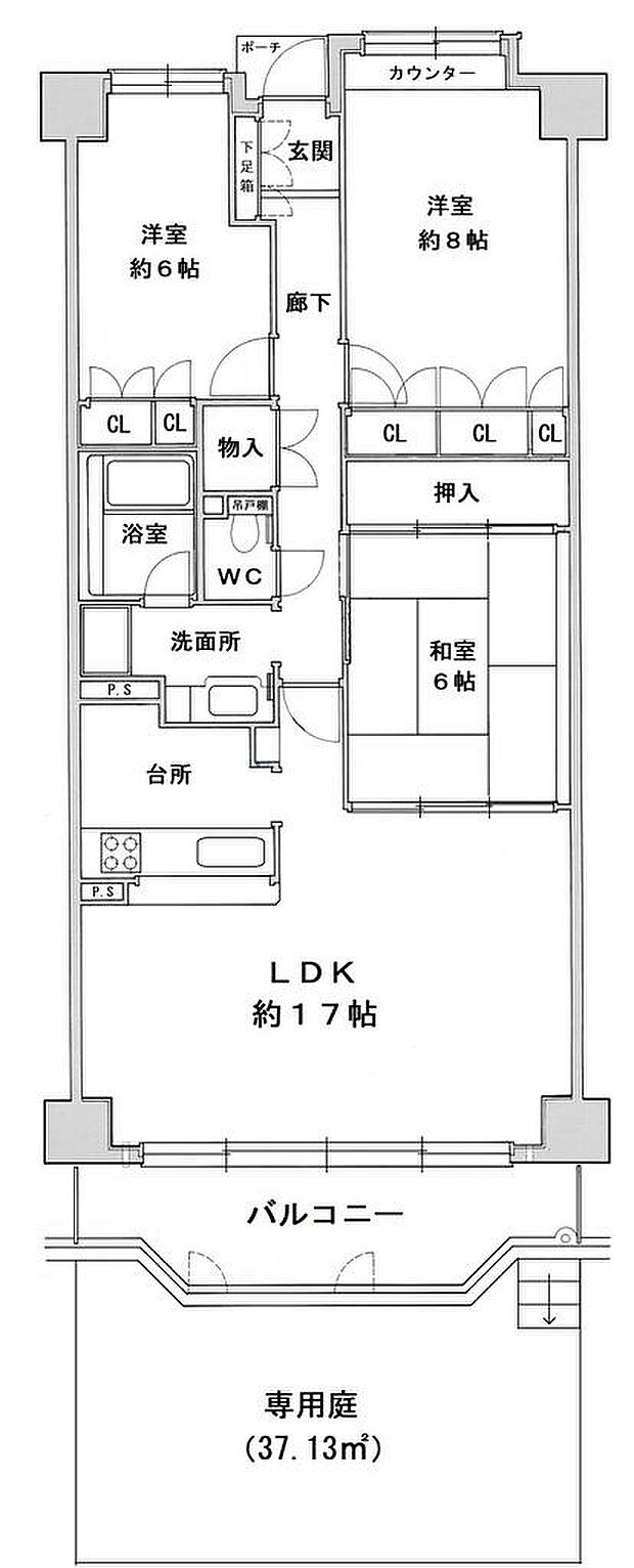 専用庭11.2坪付レックスパーク猪名川１階(3LDK) 1階の間取り