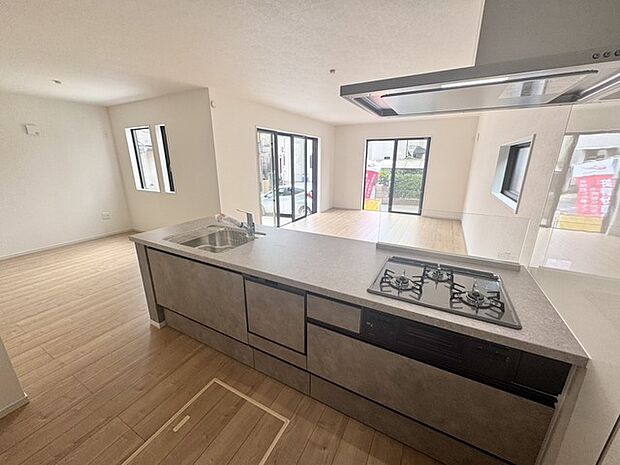 広々とした空間に、美しく調和したシステムキッチンが溶け込む。機能性と美しさが共存する、理想的な空間です。 