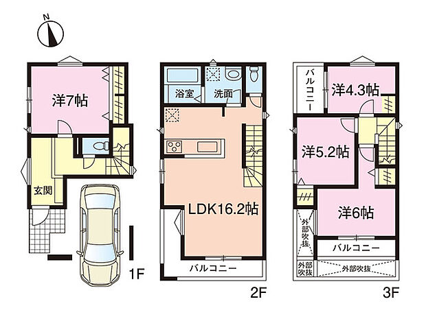 家族が自然と集まる広々LDKと、3階に3居室を備えた子育て世帯に嬉しい間取りです