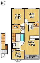 ブライトガーデンＢ 2階3LDKの間取り