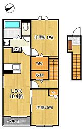 レザンヒル 上の原 2LDKの間取図画像