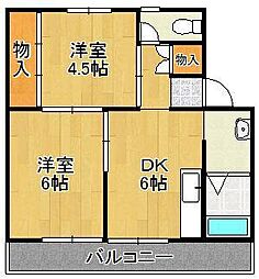 雇用促進住宅中間宿舎ヴィラナリー中間2棟 2DKの間取図画像
