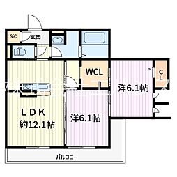 ノーブルパレス芝中田 2階2LDKの間取り