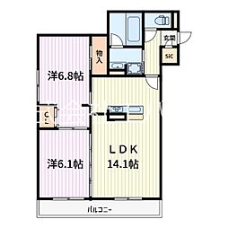 ノーブルパレス芝中田 3階2LDKの間取り