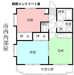 ピュアグリーン中原 4階2DKの間取り