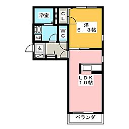 リバーサイドＫ 2階1LDKの間取り