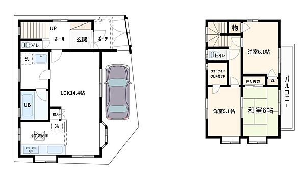 約14.4帖のLDKを中心に、水まわりを1階にまとめた使いやすい間取り。2階は洋室2室＋和室6帖を備え、ウォークインクローゼットや押入天袋など収納も充実！