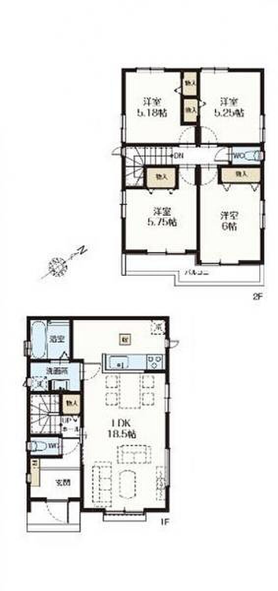 B号棟 水回りの集中した家事のしやすい間取り。洋室は全室5帖以上。