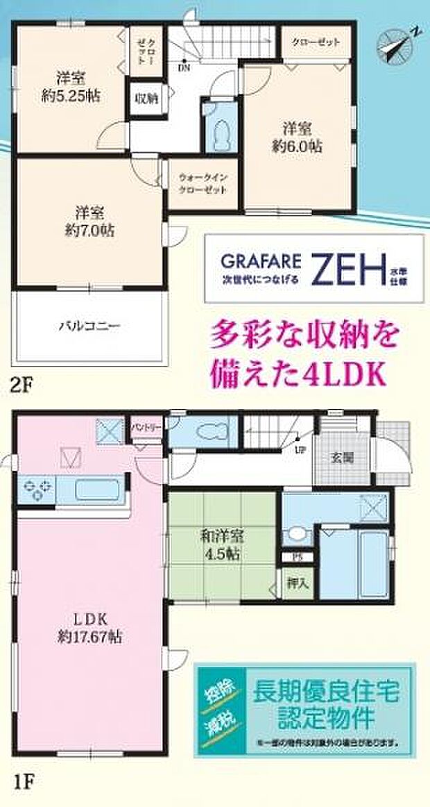 キッチンから家族の居場所が確認しやすい間取り。2買いもゆとりの広さの洋室が3部屋ございます。