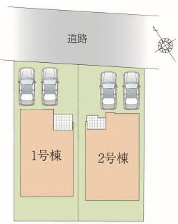 両棟、駐車スペース2台可能。前面道路は約5.9ｍです。