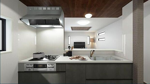 完成予想図です。 キッチンからはリビングが一望でき、お子様から目を離す心配はありません。