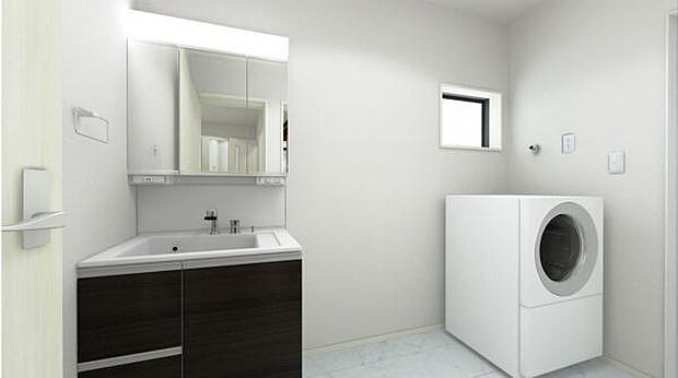 完成予想図です。 洗濯機置き場も確保された広々脱衣所は朝の身支度も混雑しません。