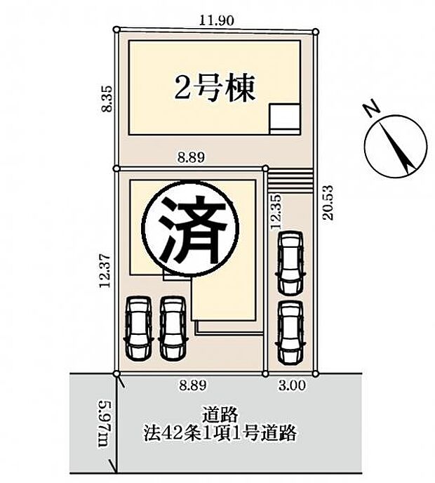駐車2台を備えたゆとりのある敷地です。前面道路も南西で広めです。最終1棟と なりました。