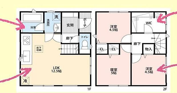 水まわりがまとまっていたり、WICが大容量だったりと生活しやすい間取りです。