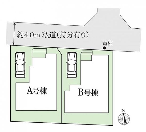 駐車スペース1台の全2棟。前面道路は約4ｍです。