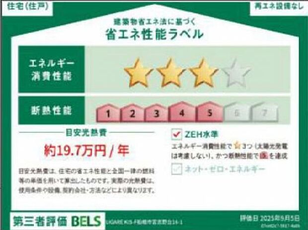 省エネ性能　エネルギー消費性能は3を達成。断熱性能は5を達成。