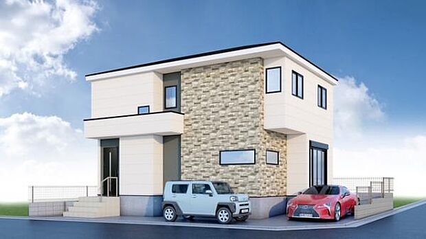 外観完成予想図です。洗練された飽きの来ないデザイン。駐車2台可能なスペースもあるのが嬉しいですね。