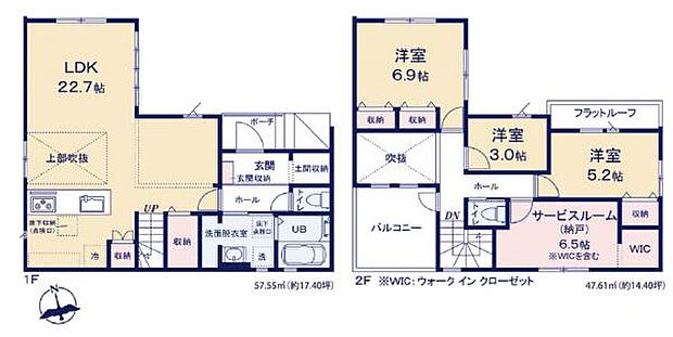 リビングは22.7帖と広々。2階には3帖の洋室など特徴的な間取り。