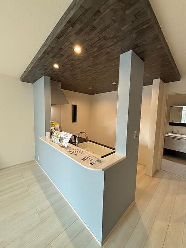 2号棟 上部天井とアクセントカラーがお洒落なカウンターキッチンです。食洗機付き。