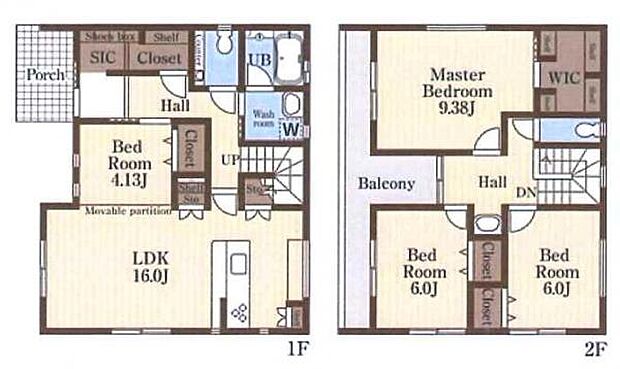 8号棟 リビング横に洋室の付いた間取り。主寝室は9.38帖と広々。