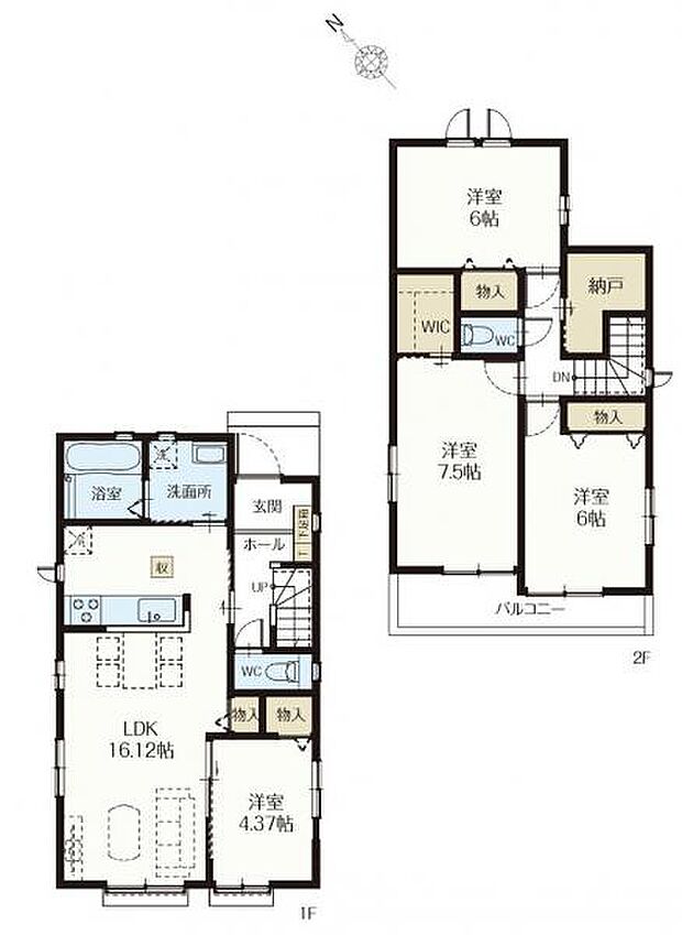 A号棟 1階に洋室の付いた4LDKの間取り。2階には納戸付。