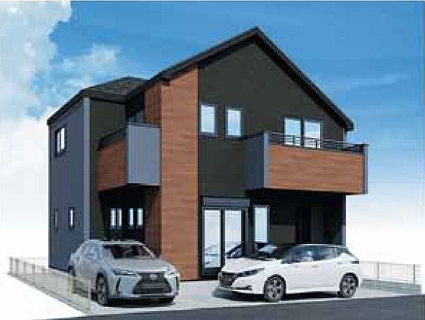 印象的なブラックと木目調の外観。※イメージパースとなります。