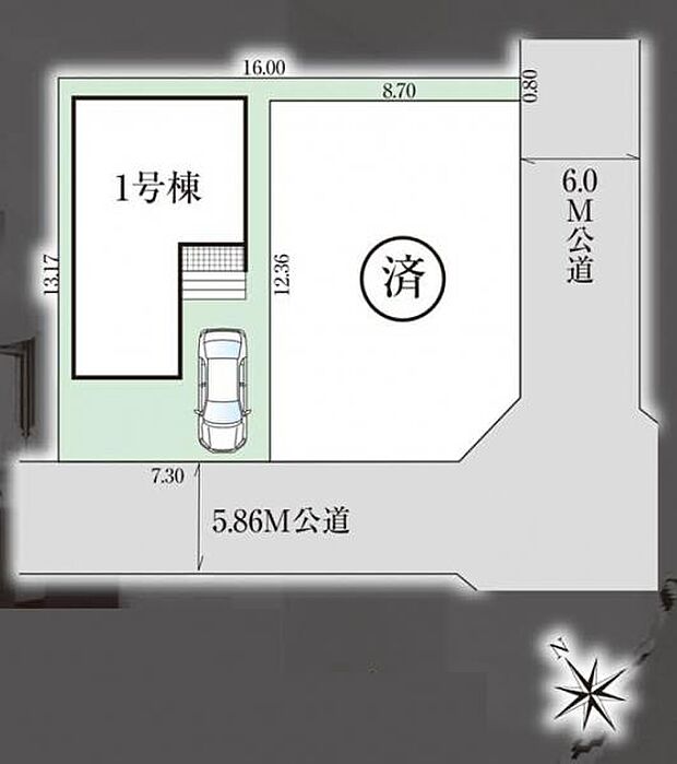前面道路は5.86m。カースペースは1台分。区画整理された閑静な住宅街です。