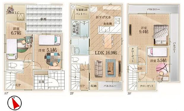 2号棟 1階3階に2部屋とバランス良い4LDK。