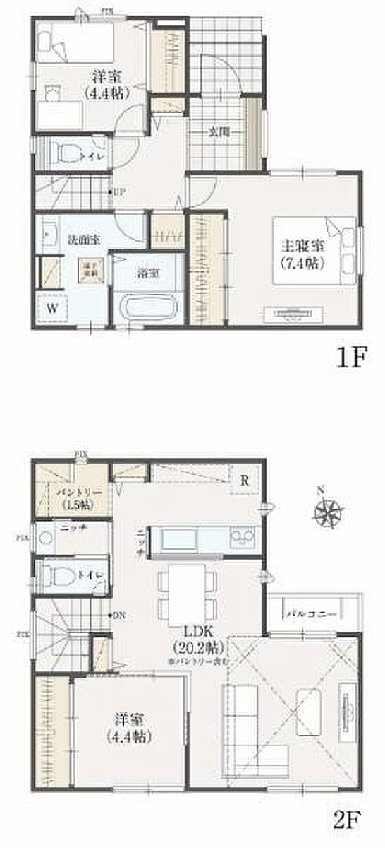 主寝室7.4帖、リビング20.2帖と広々とした間取り。キッチンには収納豊富なパントリーもございます。