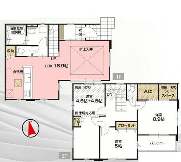 間仕切り対応可能で4LDKにもなるゆとりの間取りです。リビング階段で家族のコミュニケーションも大事にできます。