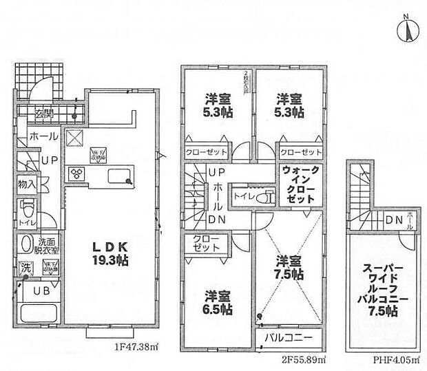1号棟 2階に4部屋付いた使い勝手の良い間取り。広々ルーフバルコニー搭載