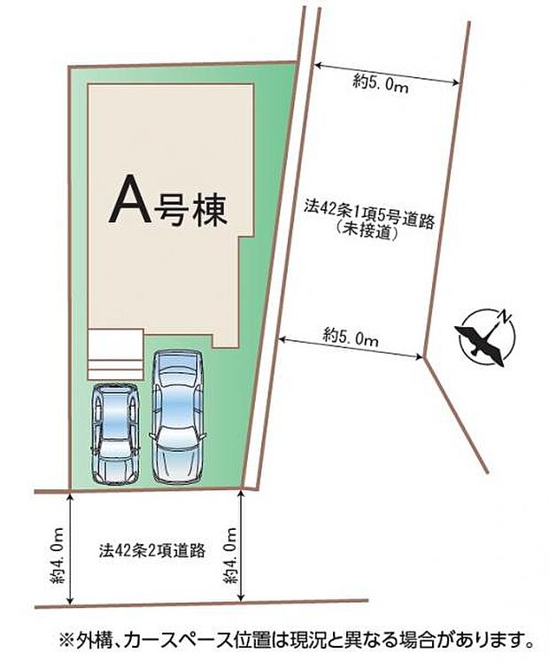 南東道路、北東側通路につき開放的な立地。駐車が並列2台可能なゆとりの敷地です。