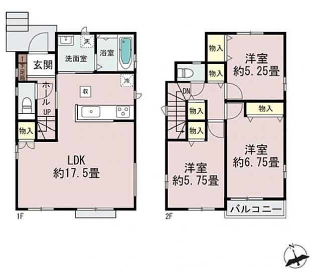 B号棟 主寝室は6.75帖と広々。水回りは集中していて家事もしやすい間取りです。