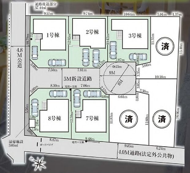 前面道路は4.8ｍと5.0ｍ。新設道路は旋回広場もあり、駐車もしやすくなっています。