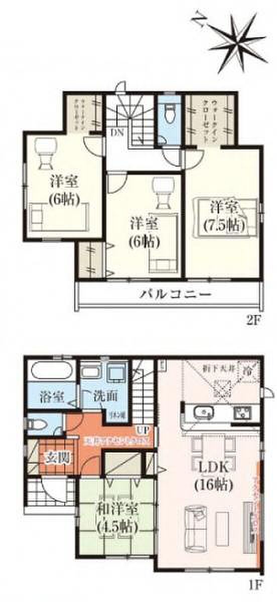 2号棟 2階全室6帖以上と広々。WICも2つ付いており収納豊富。