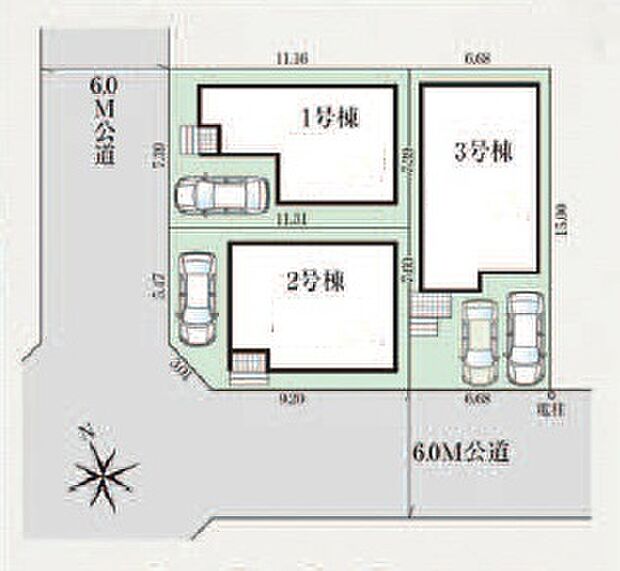 前面道路は6.0ｍ。角地を含む全3棟です。