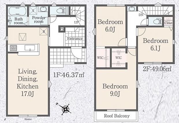 大型のWICが2つついた3LDK。プライベートな時間を過ごす2階にも洗面があり、使い勝手がいいです。