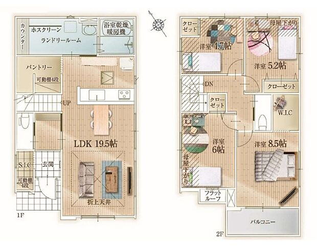 1号棟 室内物干し付きのランドリールーム、パントリー、WIC、SICと欲しい収納が揃った4LDKです。