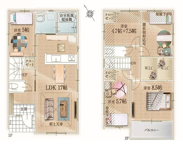 2号棟 2階洋室は間仕切対応可能設計。生活スタイルに応じて部屋を分けることができます。