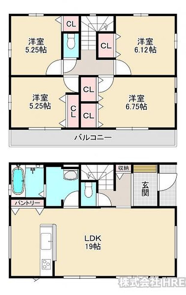 19帖の広々リビングに、収納豊富な1階間取り。2階は4部屋4のつくりです。