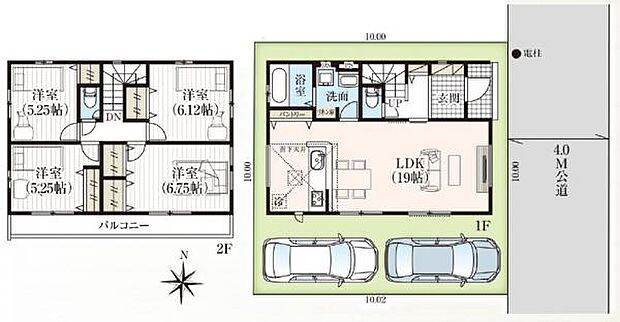 19帖の広々リビングに、収納豊富な1階間取り。2階は4部屋4のつくりです。