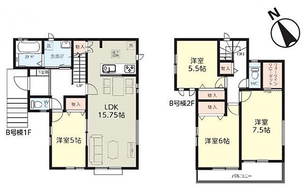 B号棟 リビング横の洋室は2方向から出入りでき使い勝手のいいお部屋。パントリーやWICなど収納豊富です。