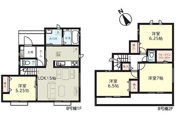 B号棟 2部屋から出入りできる南向きバルコニーが魅力。2階は全室6帖以上で一部屋ずつゆとりがあります。