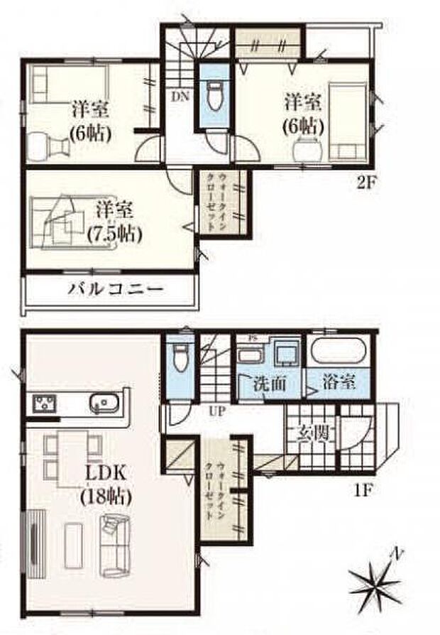全居室6帖以上の広々とした間取り。1階ホールには家族で使えるWIC搭載。