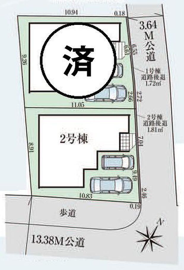 カースペースは車種により2台分。角地を含む全2棟。最終1棟となりました。