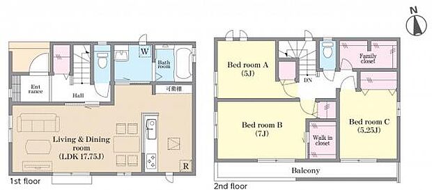 A号棟 キッチン横には可動棚付き。玄関ホールや2階にも収納付。