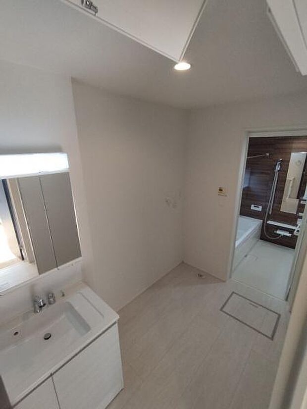 洗面所は洗濯機を置いてもじゅうぶんな広さがあります。洗面台は人気の三面鏡タイプです。