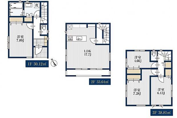 リビングは広々17.7帖。主寝室も7帖以上と広く取られています。