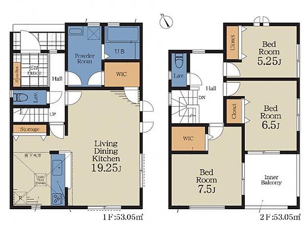 3号棟 リビングに広々WIC搭載の間取り。脱衣所や2階ホールも広く取られています。